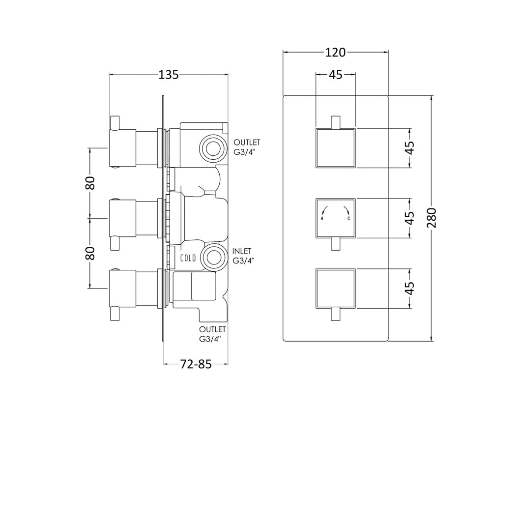 Nuie Triple Thermostatic Shower Valve With Diverter Contemporary Chrome Brass ABS 280x120x136mm - JJ Building Materials