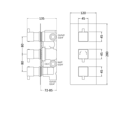 Nuie Triple Thermostatic Shower Valve With Diverter Contemporary Chrome Brass ABS 280x120x136mm - JJ Building Materials