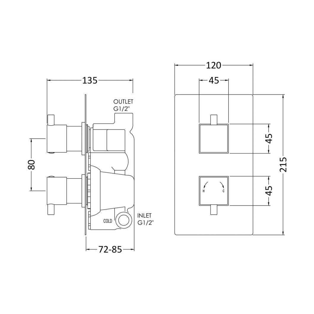 Nuie Twin Thermostatic Shower Valve Contemporary Chrome Brass ABS 215x120x133mm - JJ Building Materials