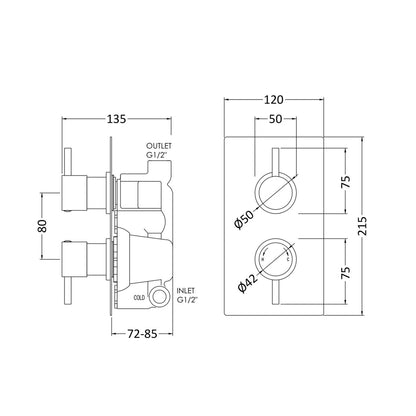 Nuie Twin Thermostatic Shower Valve Contemporary Chrome Brass ABS 215x120x135mm - JJ Building Materials