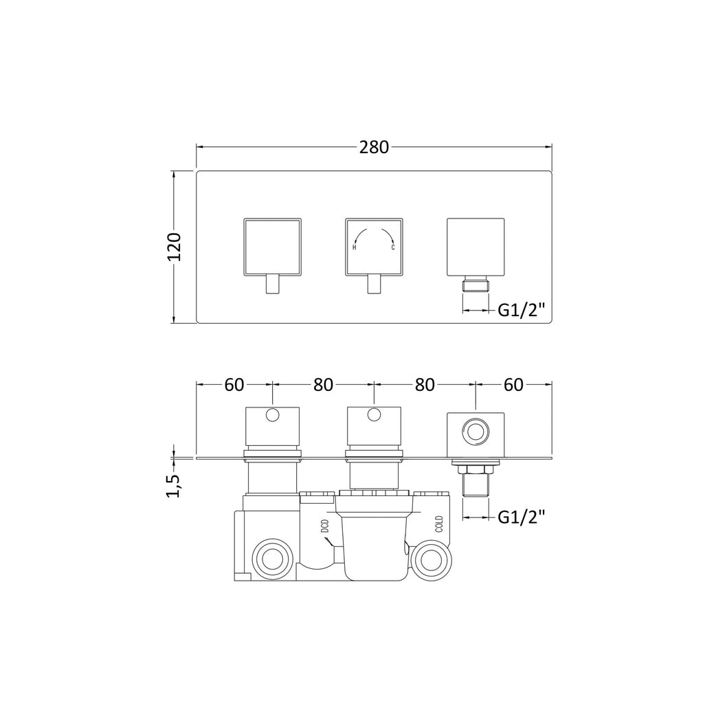 Nuie Twin Thermostatic Shower Valve With Diverter Contemporary Chrome Brass ABS 120x280x136mm - JJ Building Materials