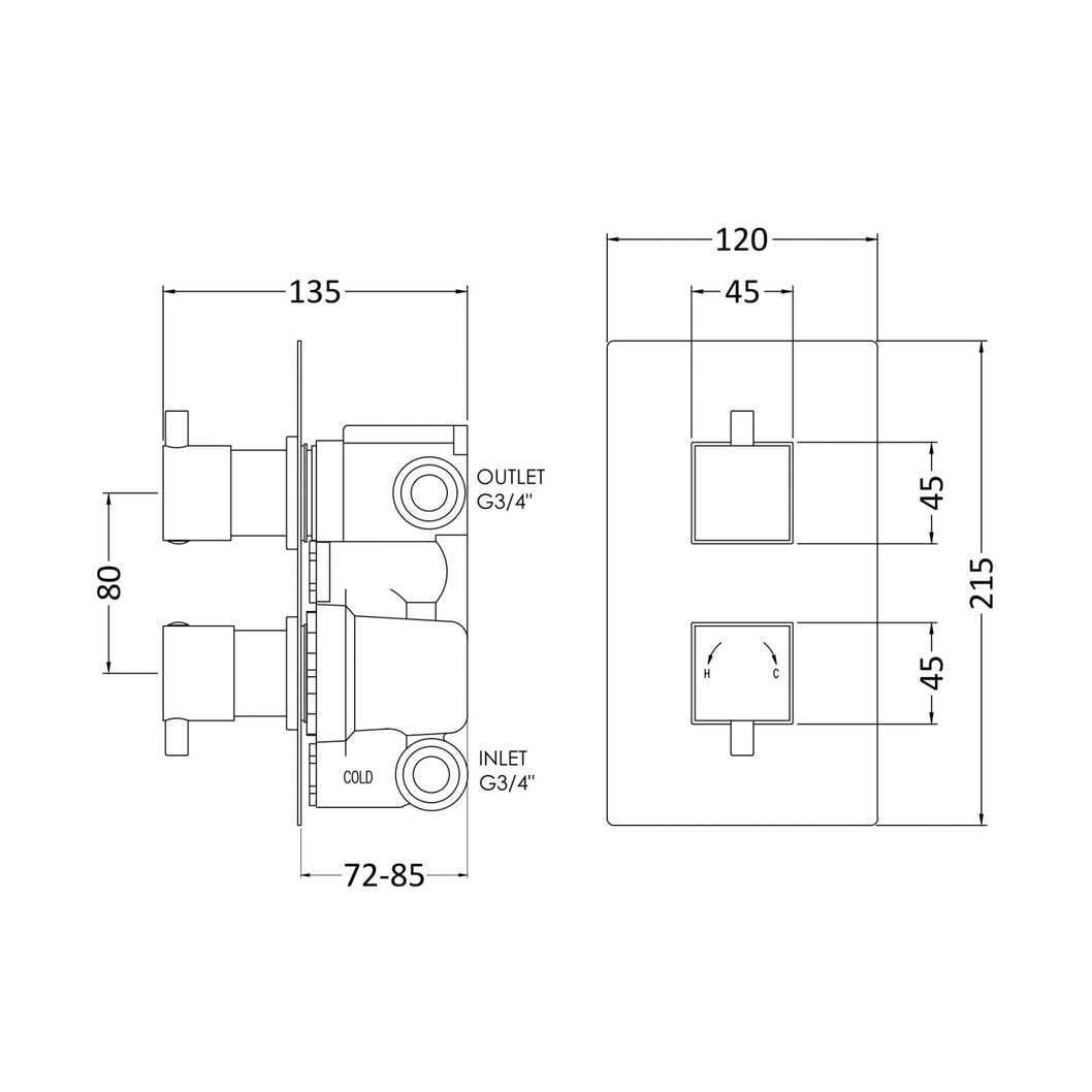 Nuie Twin Thermostatic Shower Valve With Diverter Contemporary Chrome Brass ABS 215x120x133mm - JJ Building Materials