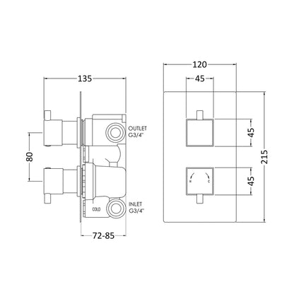Nuie Twin Thermostatic Shower Valve With Diverter Contemporary Chrome Brass ABS 215x120x133mm - JJ Building Materials