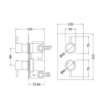 Nuie Twin Thermostatic Shower Valve With Diverter Contemporary Chrome Brass ABS 215x120x135mm - JJ Building Materials