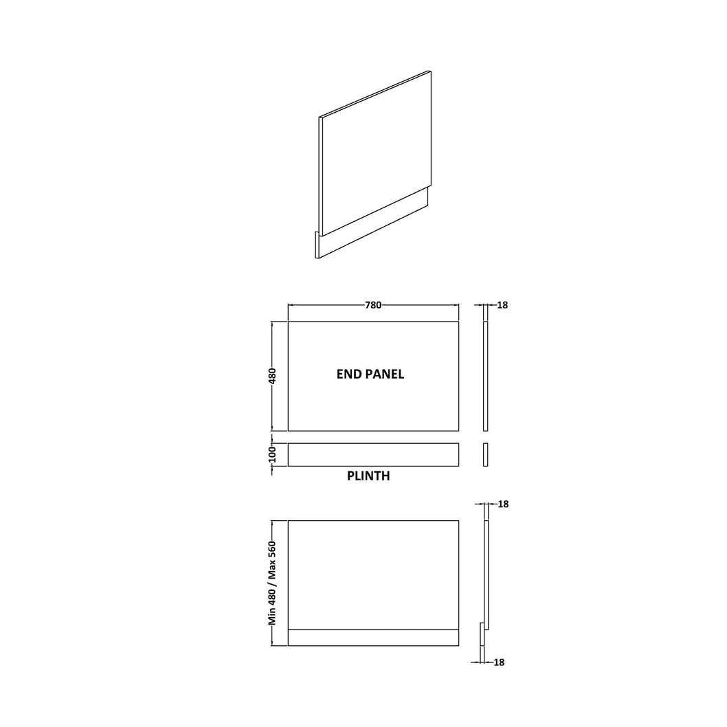 Nuie Urban 800mm Bath End Panel Contemporary Satin White MDF Painted Matt 560x780x36mm - JJ Building Materials