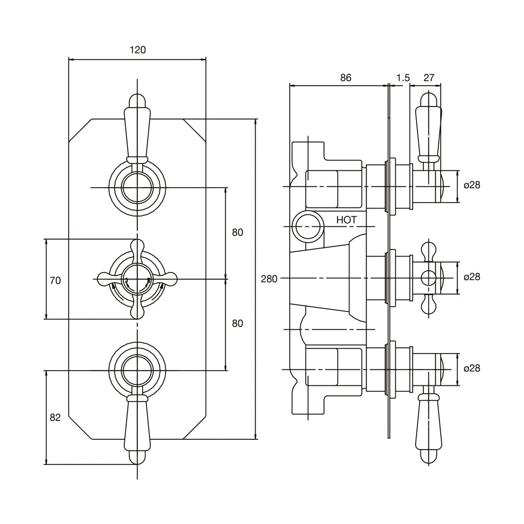 Nuie Victorian Triple Thermostatic Shower Valve Traditional Chrome Brass ABS 280x120x135mm - ITY317 - JJ Building Materials