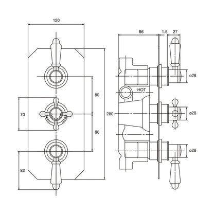 Nuie Victorian Triple Thermostatic Shower Valve Traditional Chrome Brass ABS 280x120x135mm - ITY317 - JJ Building Materials