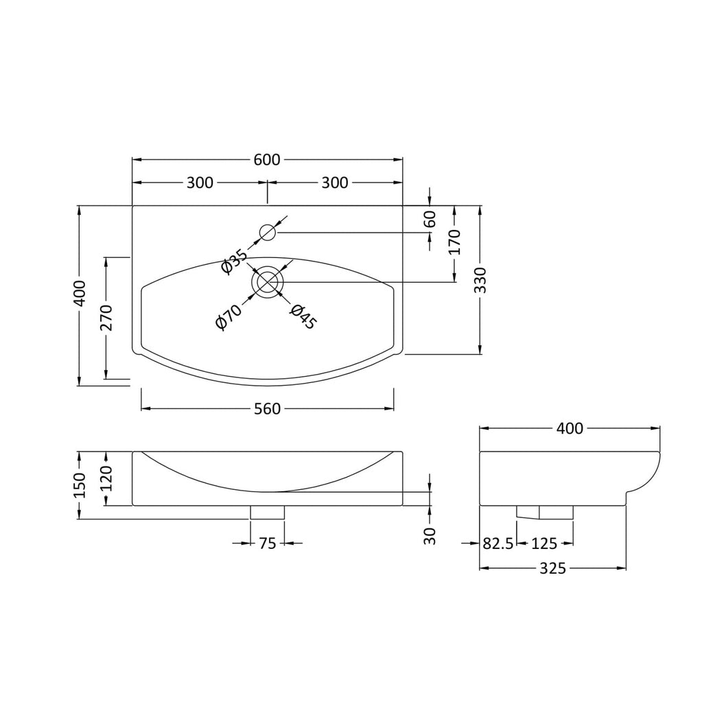 Nuie Wall Hung Basins Wall Hung Vessel Contemporary White Vitreous China 150x600x400mm - JJ Building Materials