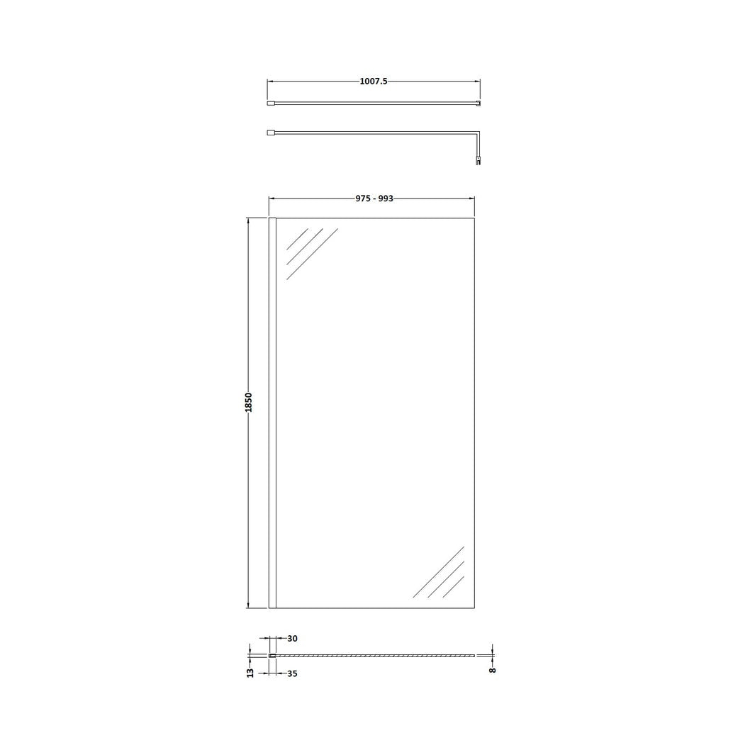 Nuie Wetroom Screen 1000x1850x8mm - Brushed Pewter Contemporary Aluminium 1850x998x14mm - JJ Building Materials