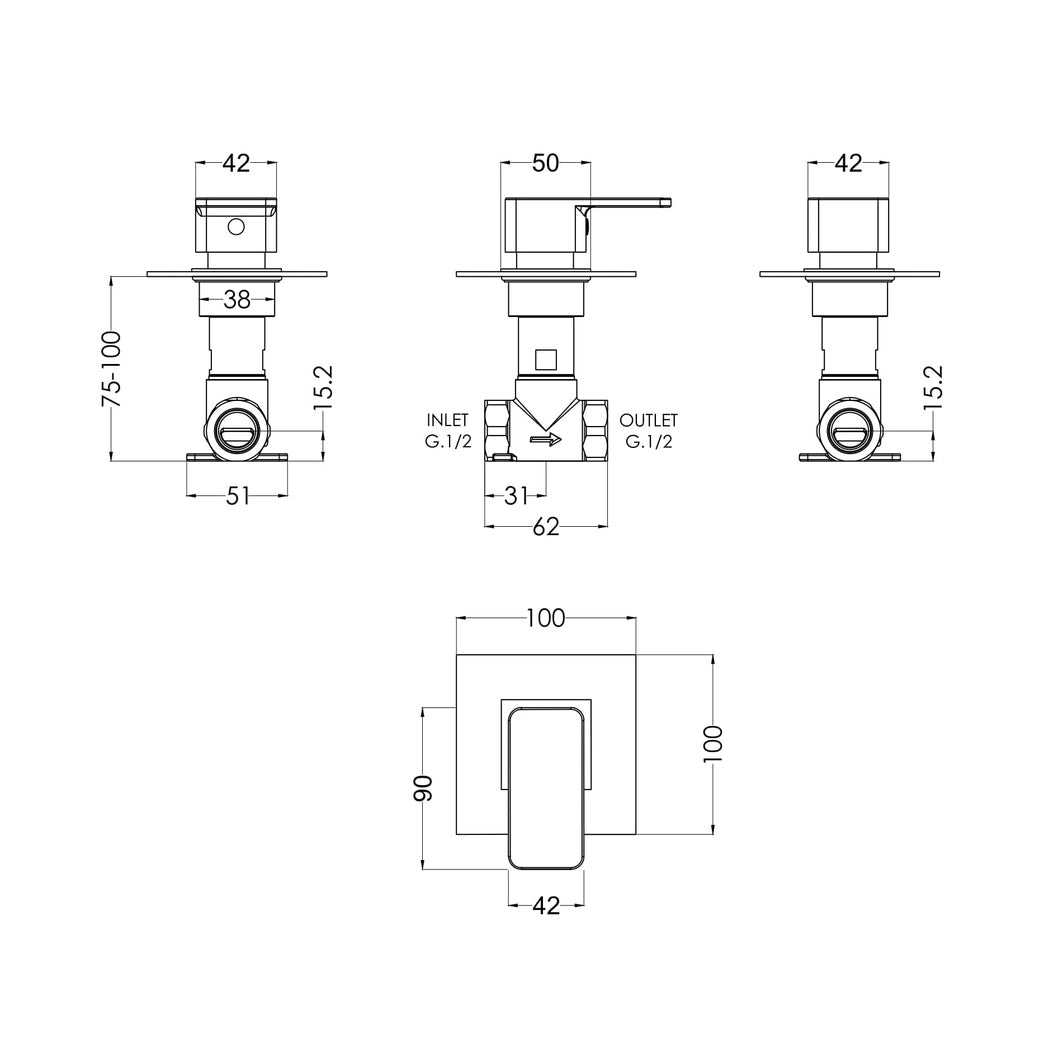 Nuie Windon Concealed Stop Tap Contemporary Chrome Brass 100x100x135mm - JJ Building Materials