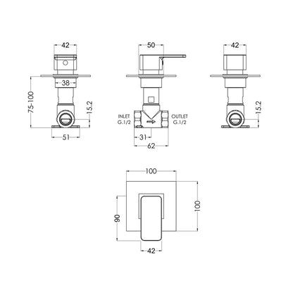 Nuie Windon Concealed Stop Tap Contemporary Chrome Brass 100x100x135mm - JJ Building Materials