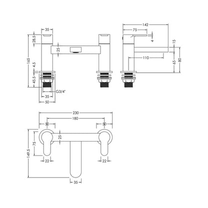 Nuie Windon Deck Mounted Bath Filler Contemporary Brushed Pewter Brass 136x230x147mm - JJ Building Materials