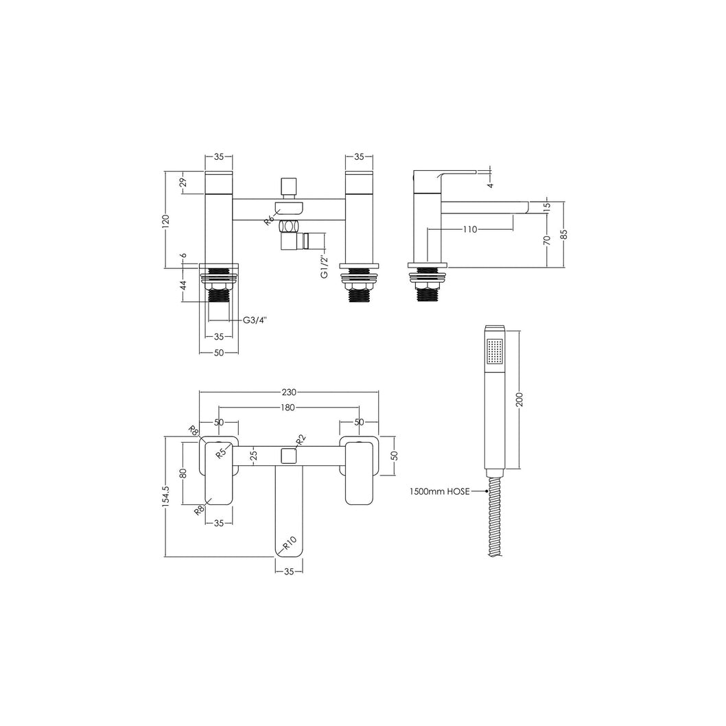 Nuie Windon Deck Mounted Bath Shower Mixer With Kit Contemporary Chrome Brass,brass ABS 136x230x147mm - JJ Building Materials