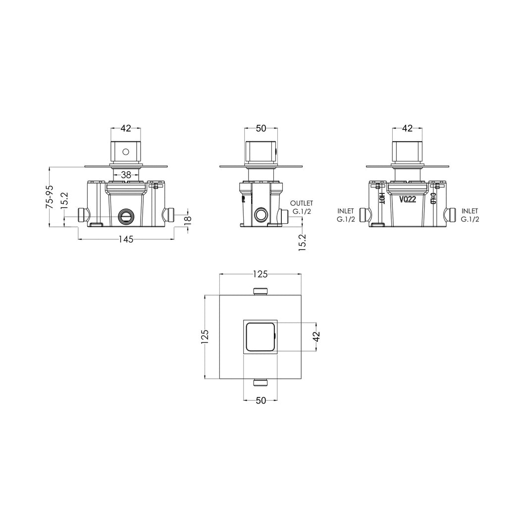 Nuie Windon Thermostatic Temperature Control Valve Contemporary Chrome Brass ABS 125x125x135mm - JJ Building Materials
