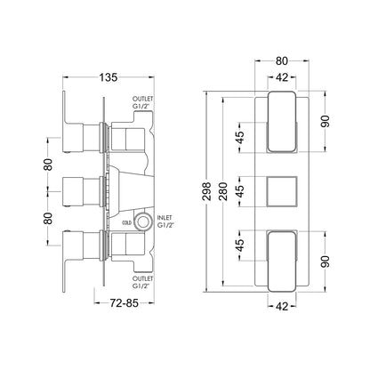 Nuie Windon Triple Thermostatic Valve Contemporary Brushed Pewter Brass ABS 280x120x135mm - JJ Building Materials