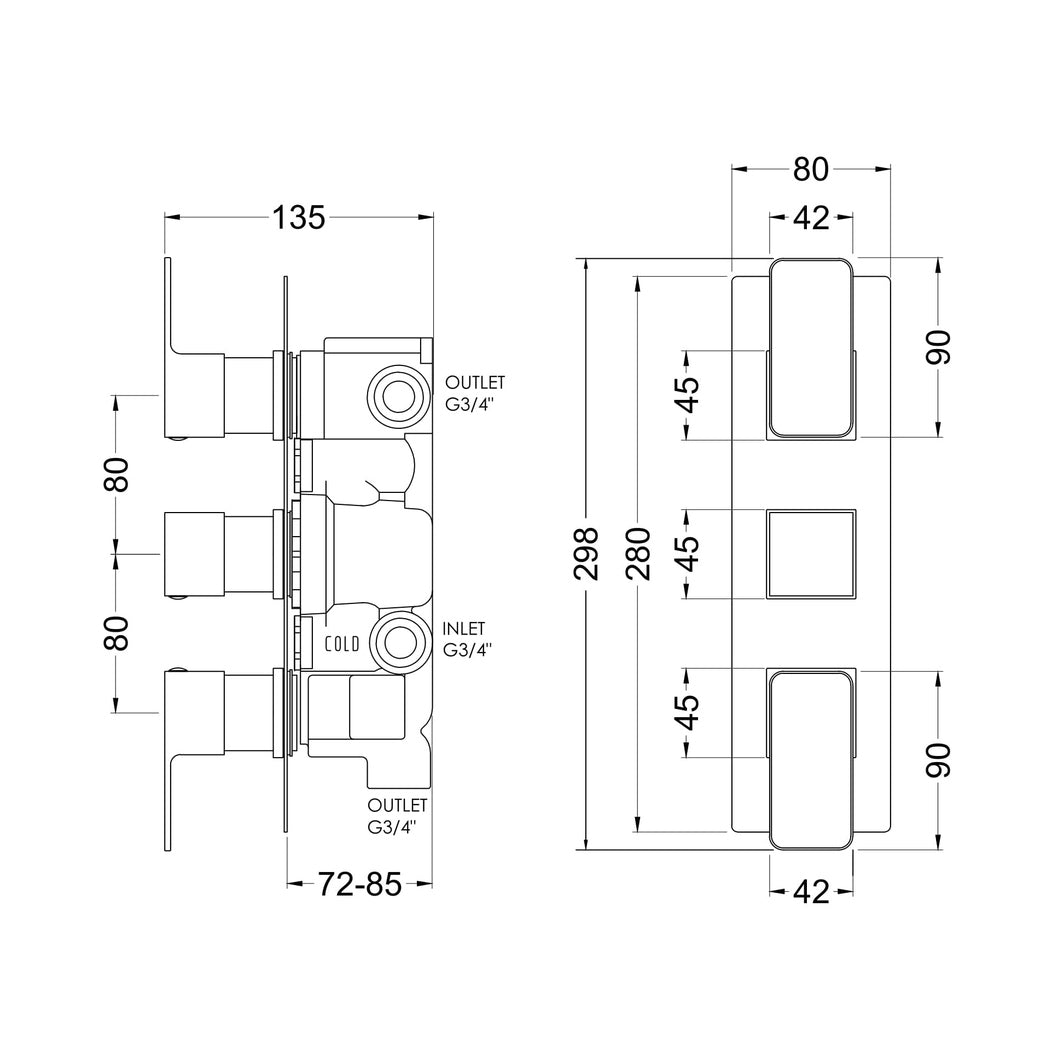 Nuie Windon Triple Thermostatic Valve With Diverter Contemporary Matt Black Brass ABS 300x80x135mm - JJ Building Materials