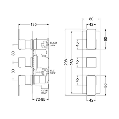 Nuie Windon Triple Thermostatic Valve With Diverter Contemporary Matt Black Brass ABS 300x80x135mm - JJ Building Materials