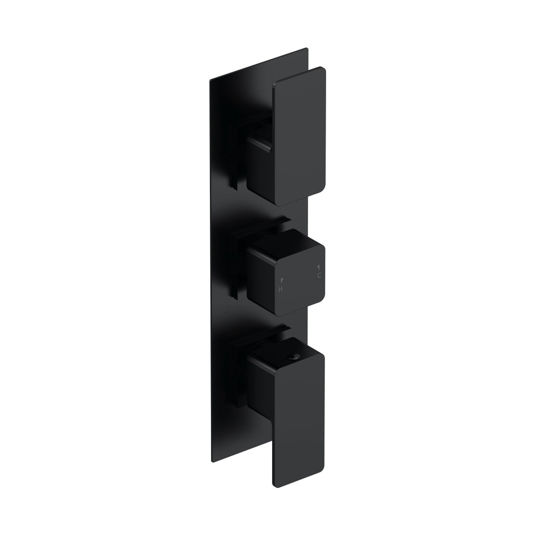 Nuie Windon Triple Thermostatic Valve With Diverter Contemporary Matt Black Brass ABS 300x80x135mm - JJ Building Materials