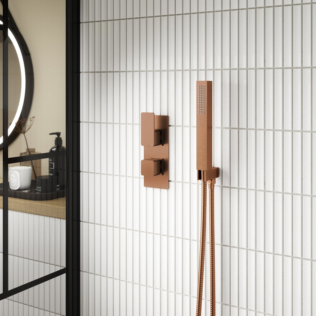 Nuie Windon Twin Thermostatic Valve Contemporary Brushed Brass ABS,brass 215x80x135mm - JJ Building Materials