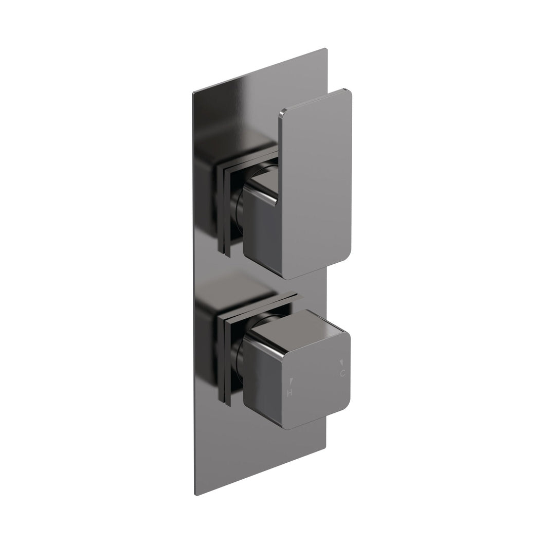 Nuie Windon Twin Thermostatic Valve Contemporary Brushed Pewter Brass ABS 215x120x135mm - JJ Building Materials