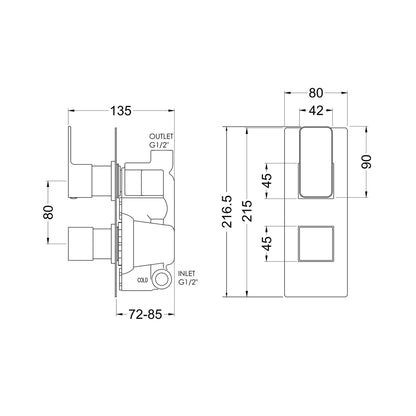 Nuie Windon Twin Thermostatic Valve Contemporary Matt Black Brass ABS 215x80x135mm - JJ Building Materials
