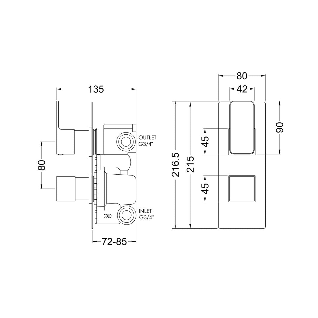 Nuie Windon Twin Thermostatic Valve With Diverter Contemporary Brushed Brass ABS,brass 215x80x135mm - JJ Building Materials