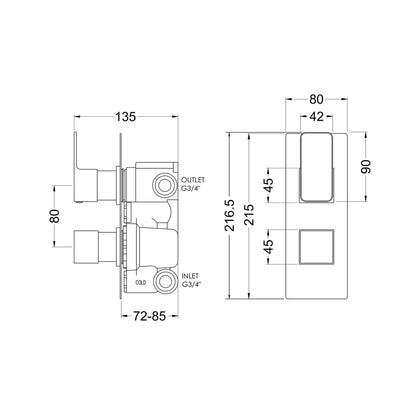 Nuie Windon Twin Thermostatic Valve With Diverter Contemporary Matt Black Brass ABS 215x80x135mm - JJ Building Materials