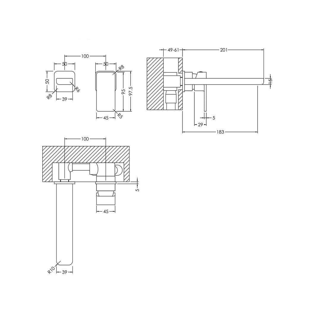 Nuie Windon Wall Mounted 2 Tap Hole Basin Mixer Contemporary Chrome Brass,plastic 50x150x201mm - JJ Building Materials