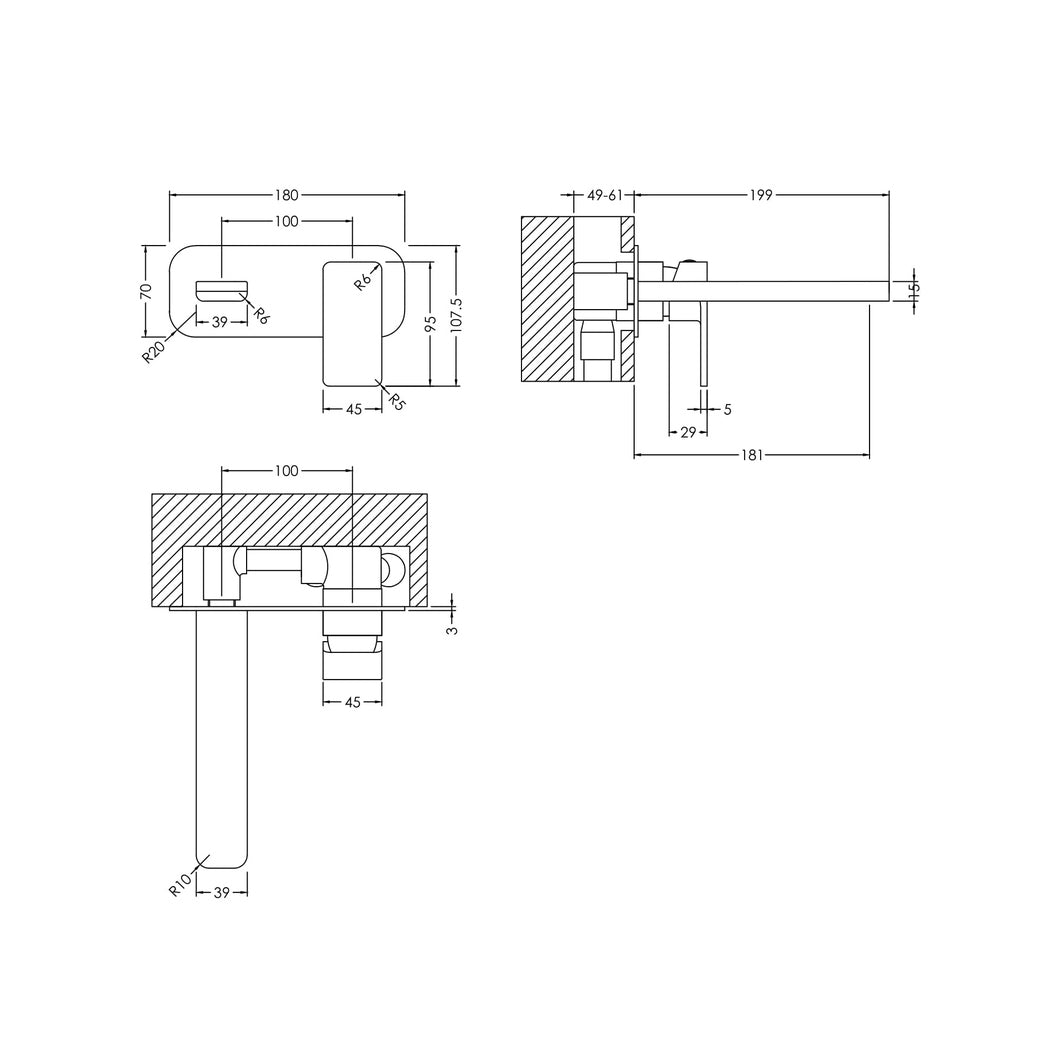 Nuie Windon Wall Mounted 2 Tap Hole Basin Mixer With Plate Contemporary Matt Black Brass,plastic 70x180x199mm - JJ Building Materials