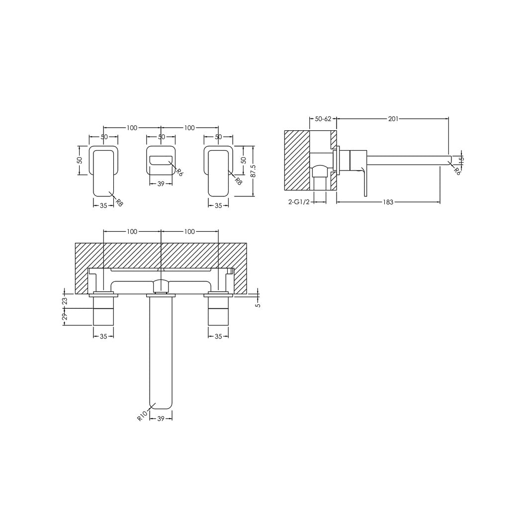 Nuie Windon Wall Mounted 3 Tap Hole Basin Mixer Contemporary Chrome Brass 75x250x201mm - JJ Building Materials