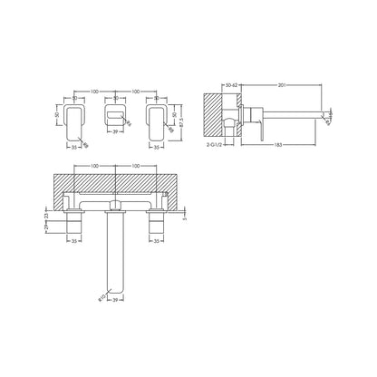 Nuie Windon Wall Mounted 3 Tap Hole Basin Mixer Contemporary Chrome Brass 75x250x201mm - JJ Building Materials