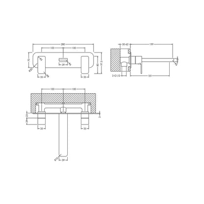Nuie Windon Wall Mounted 3 Tap Hole Basin Mixer With Plate Contemporary Chrome Brass 75x280x199mm - JJ Building Materials