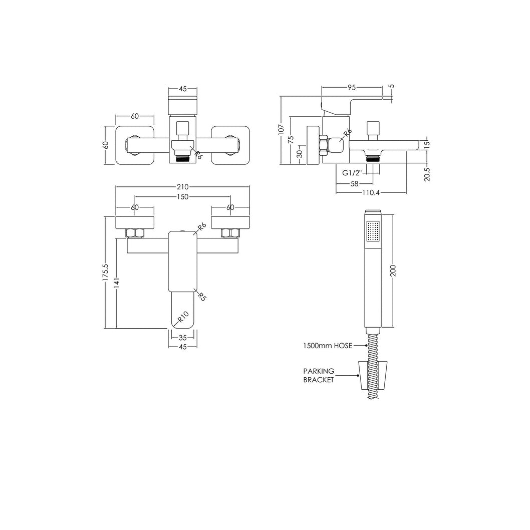 Nuie Windon Wall Mounted Bath Shower Mixer With Kit Contemporary Chrome Brass ABS,plastic 105x180x141mm - JJ Building Materials
