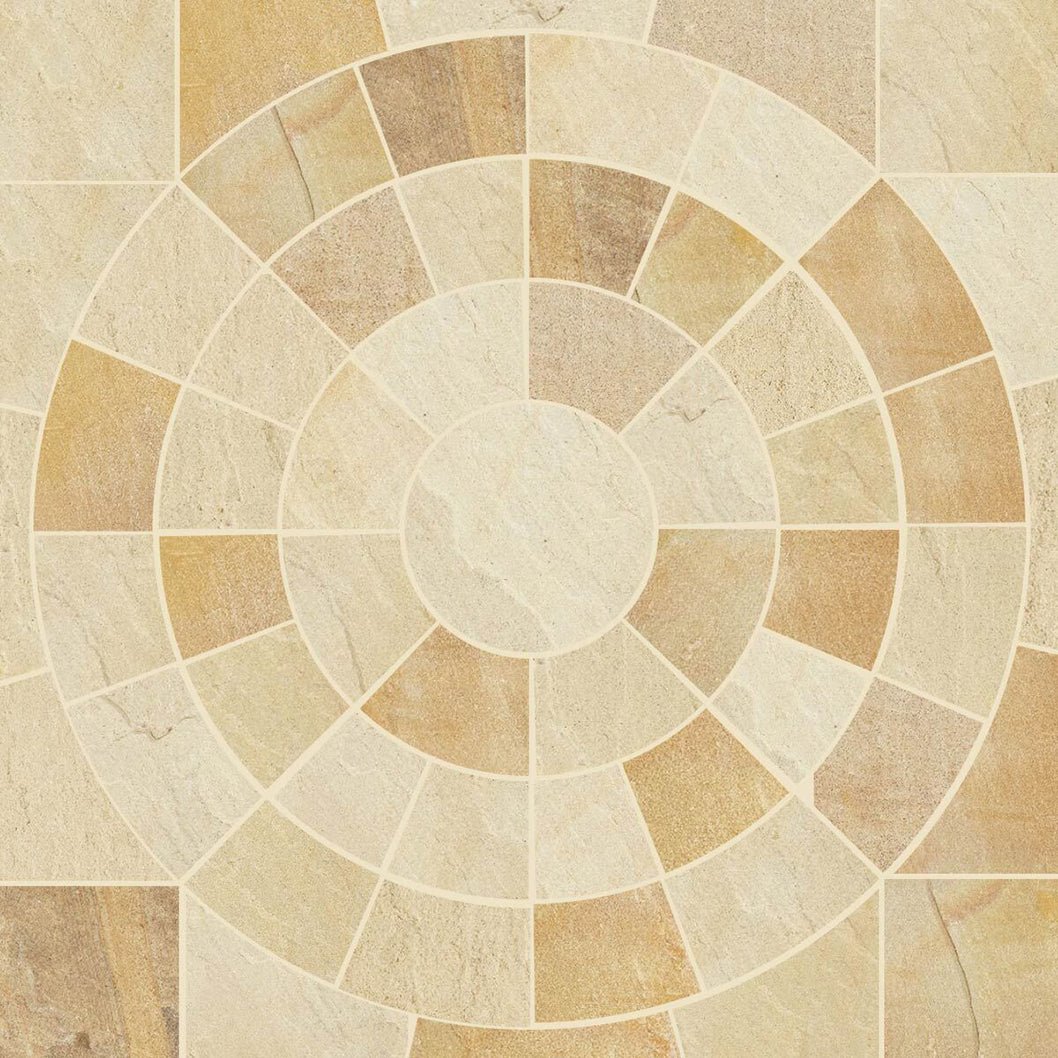 Pavestone Golden Fossil Natural Sandstone Circle Feature - Centre 600 Qty 1 Ring 1 1500 Qty 8 Ring 2 2400 Qty 16 - JJ Building Materials