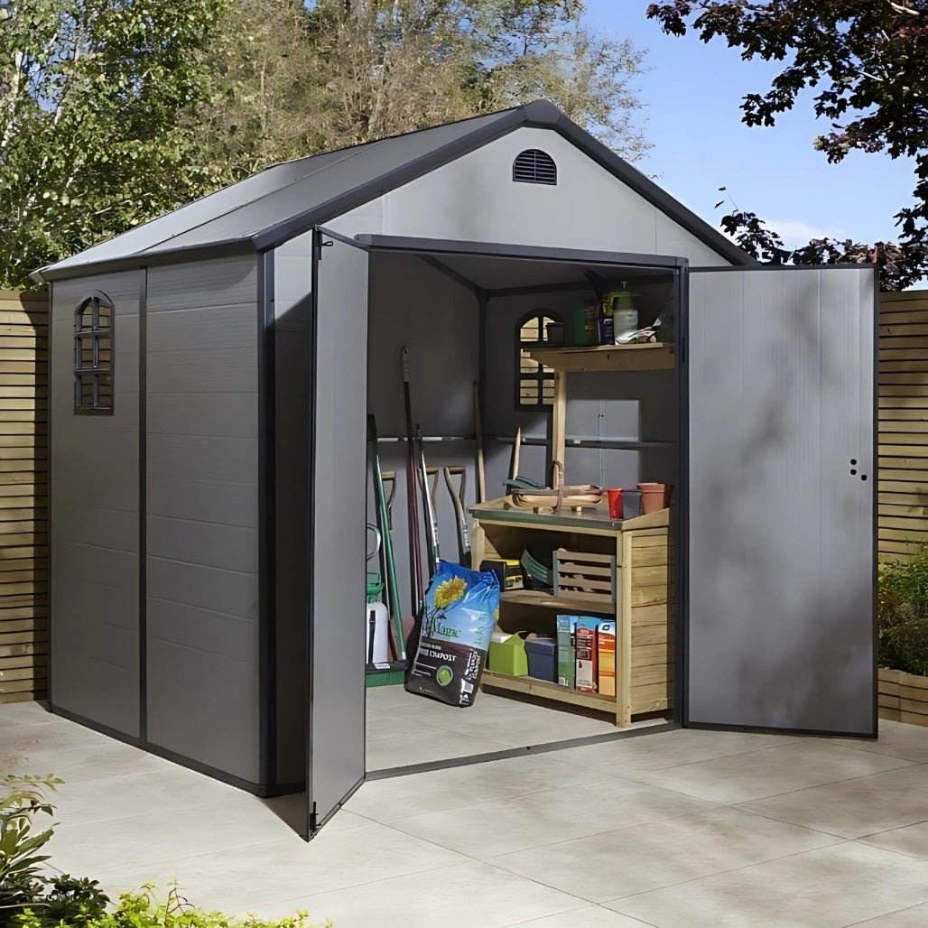 Rowlinson Airevale 8x6ft Plastic Apex Garden Shed Light Grey - JJ Building Materials