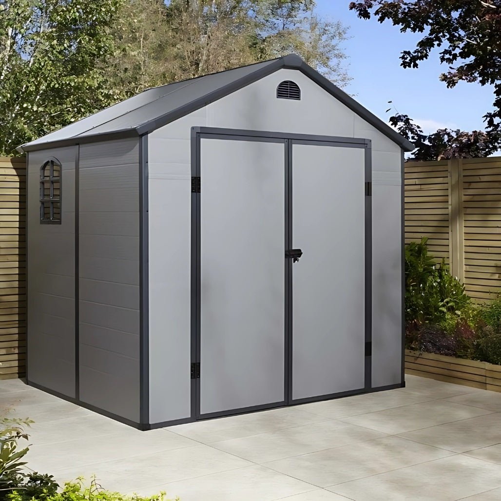 Rowlinson Airevale 8x6ft Plastic Apex Garden Shed Light Grey - JJ Building Materials