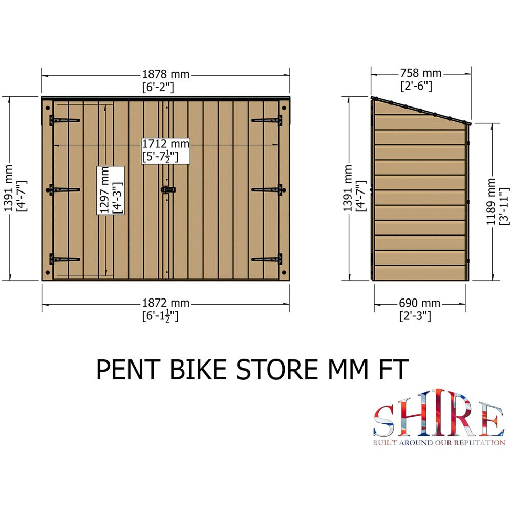 Shire 6.14 x 2.3ft Double Door Shiplap Pent Bike Shed - JJ Building Materials