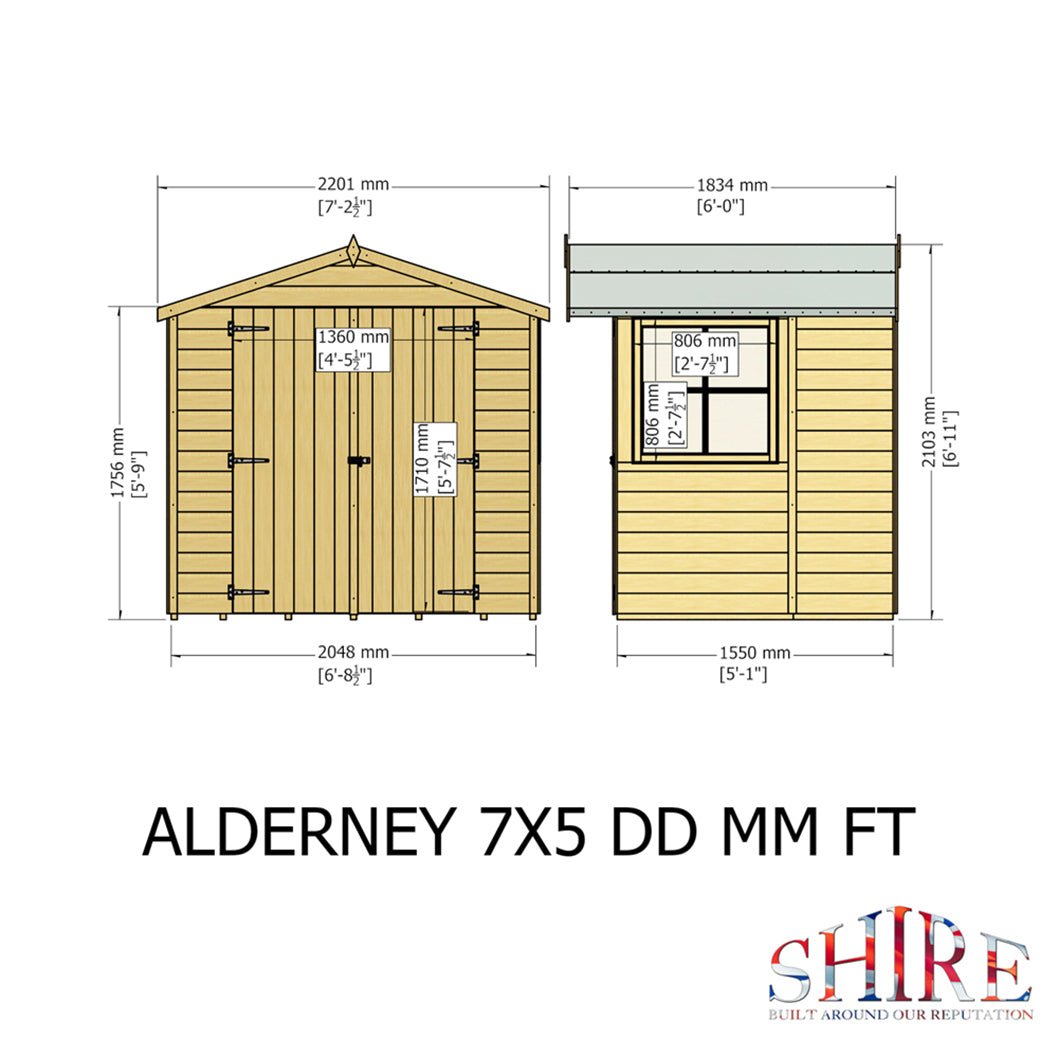 Shire Alderney 7x5ft Double Door T&G Apex Wooden Shed - JJ Building Materials