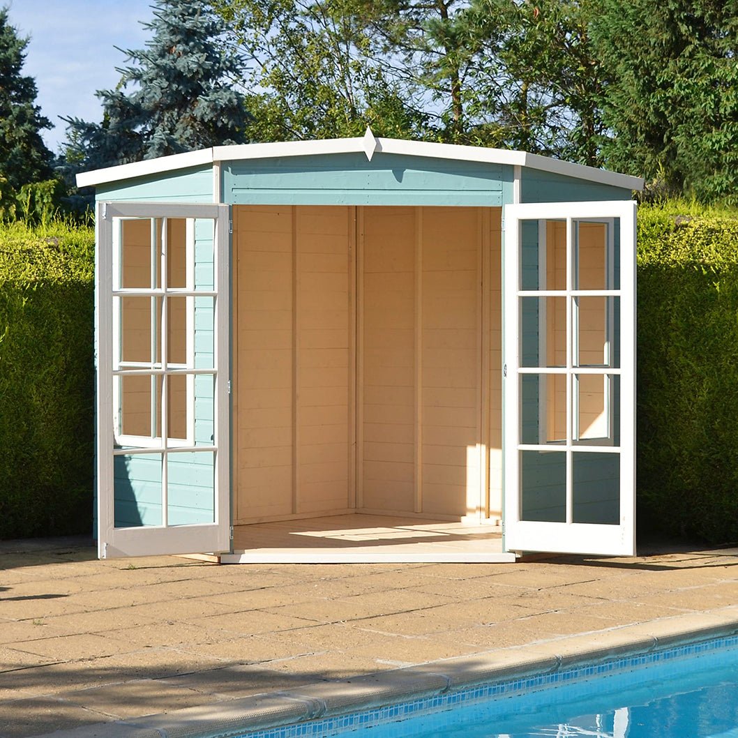 Shire Hampton 7x7ft Corner Double Door T&G Wooden Summerhouse - JJ Building Materials