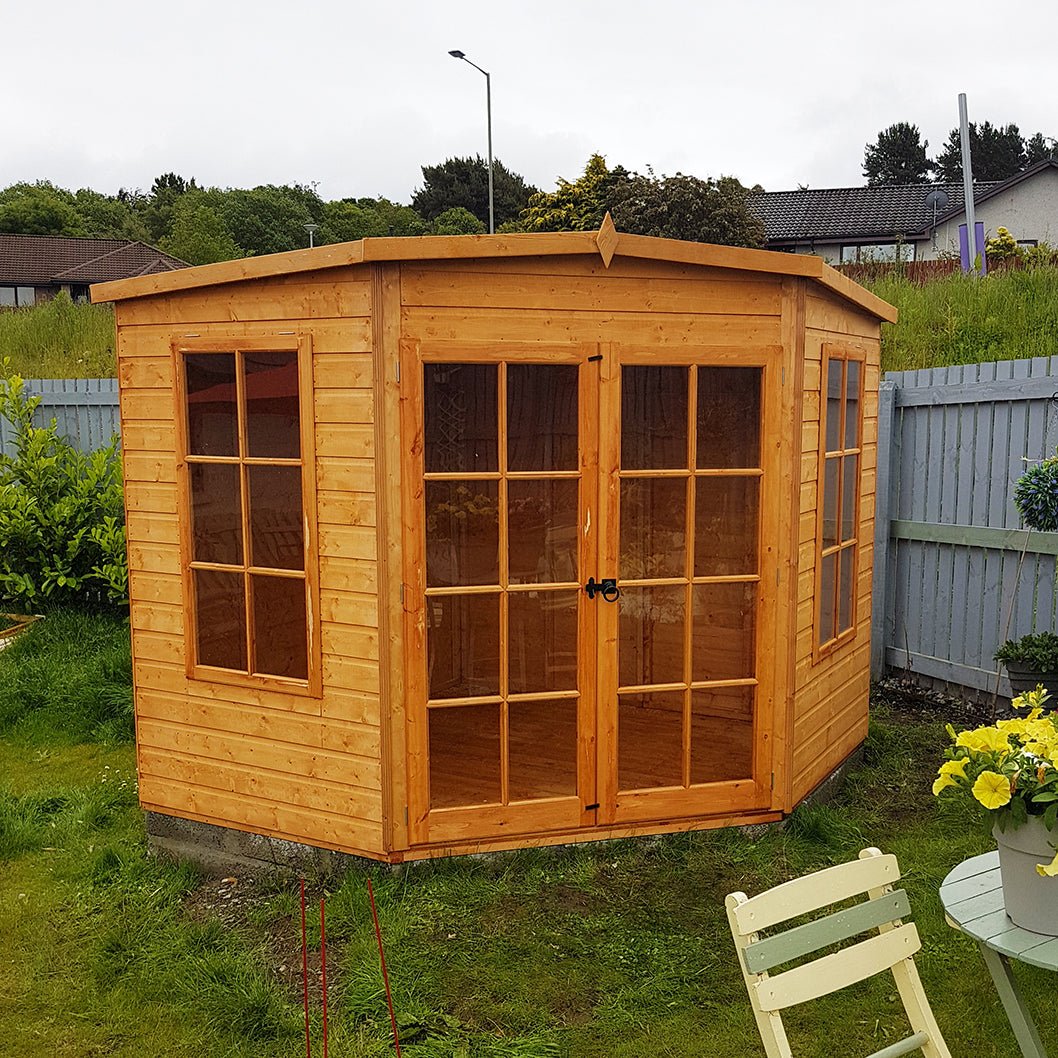 Shire Hampton 8x8ft Corner Double Door T&G Wooden Summerhouse - JJ Building Materials