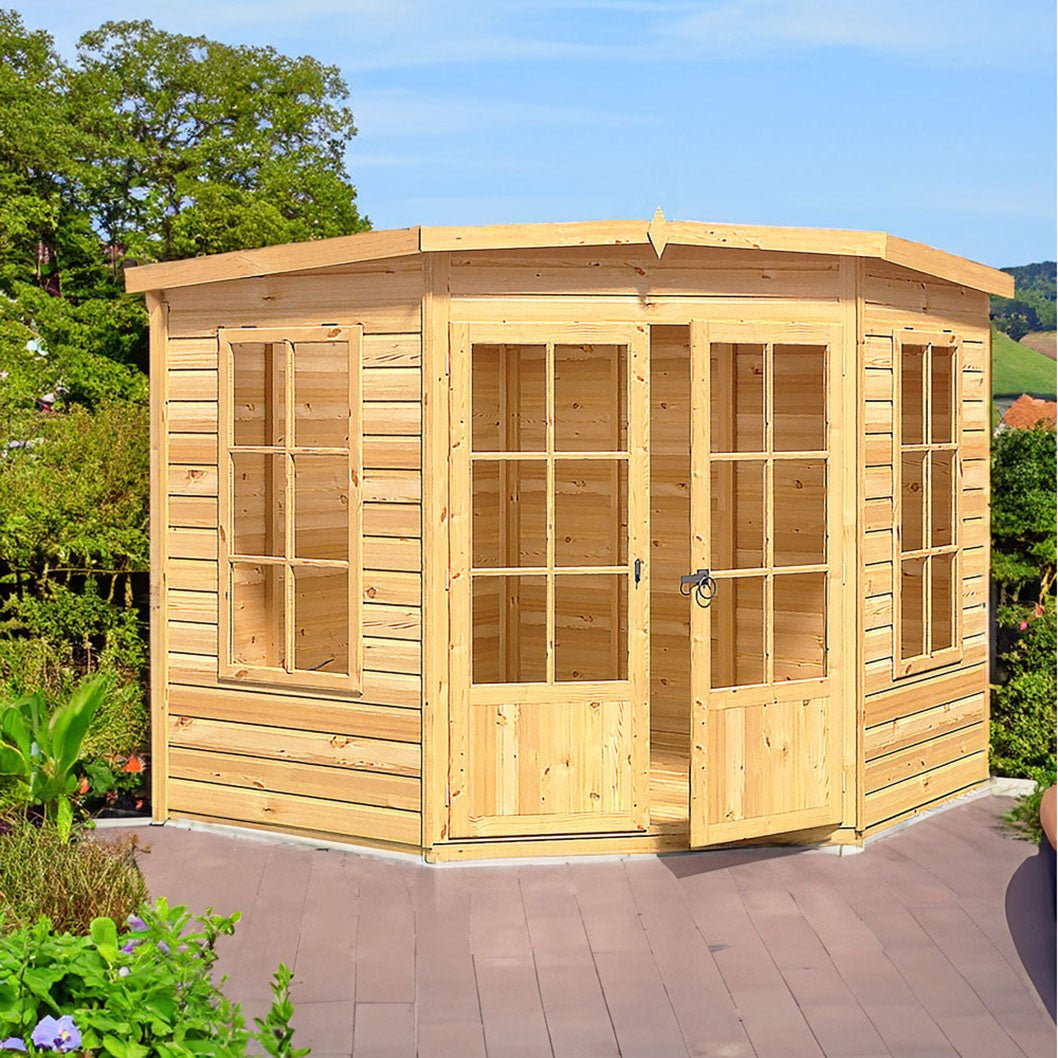 Shire Hampton 8x8ft Corner Double Door T&G Wooden Summerhouse - JJ Building Materials