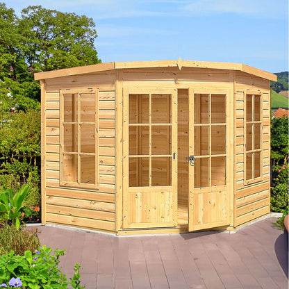 Shire Hampton 8x8ft Corner Double Door T&G Wooden Summerhouse - JJ Building Materials