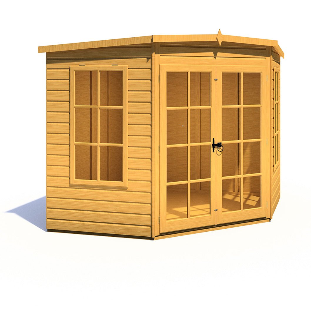 Shire Hampton 8x8ft Corner Double Door T&G Wooden Summerhouse - JJ Building Materials