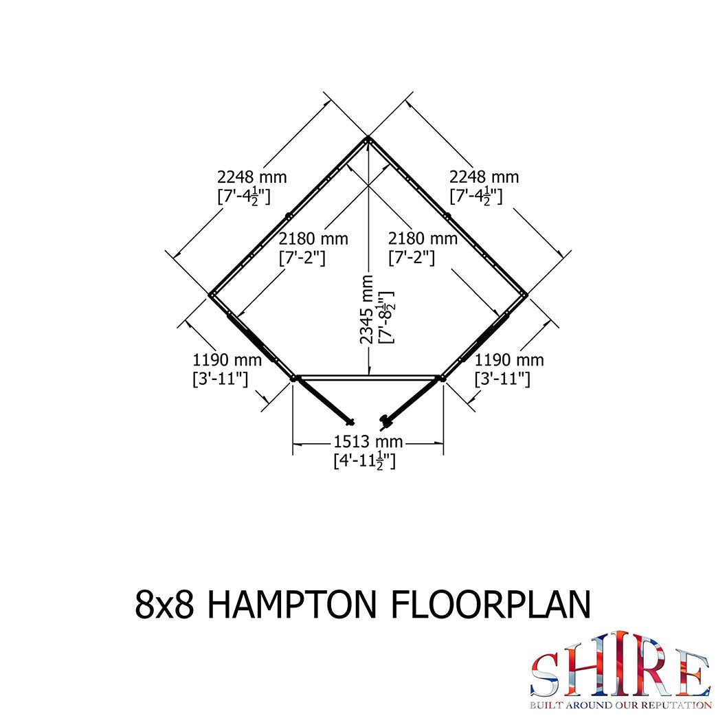 Shire Hampton 8x8ft Corner Double Door T&G Wooden Summerhouse - JJ Building Materials