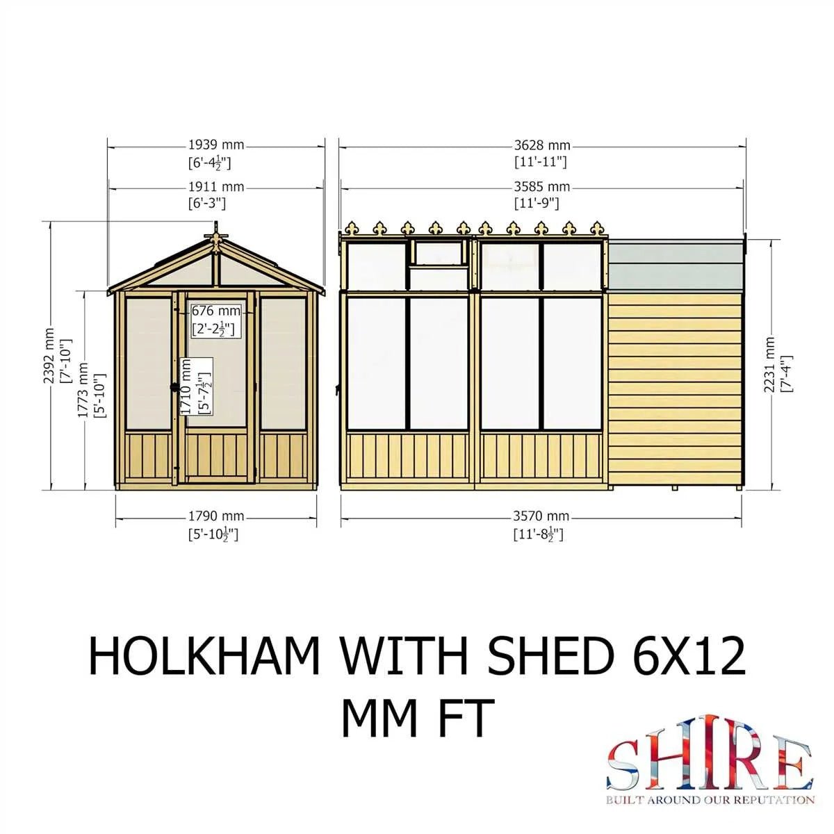 Shire Holkham Glazed Toughened Glass Greenhouse with Shed 6 x 12ft - JJ Building Materials
