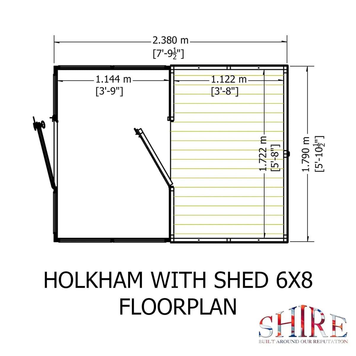 Shire Holkham Glazed Toughened Glass Greenhouse with Shed 6 x 8ft - JJ Building Materials