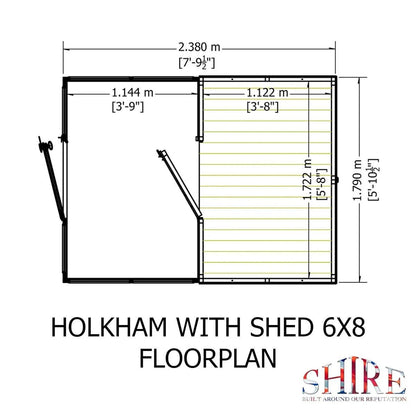Shire Holkham Glazed Toughened Glass Greenhouse with Shed 6 x 8ft - JJ Building Materials