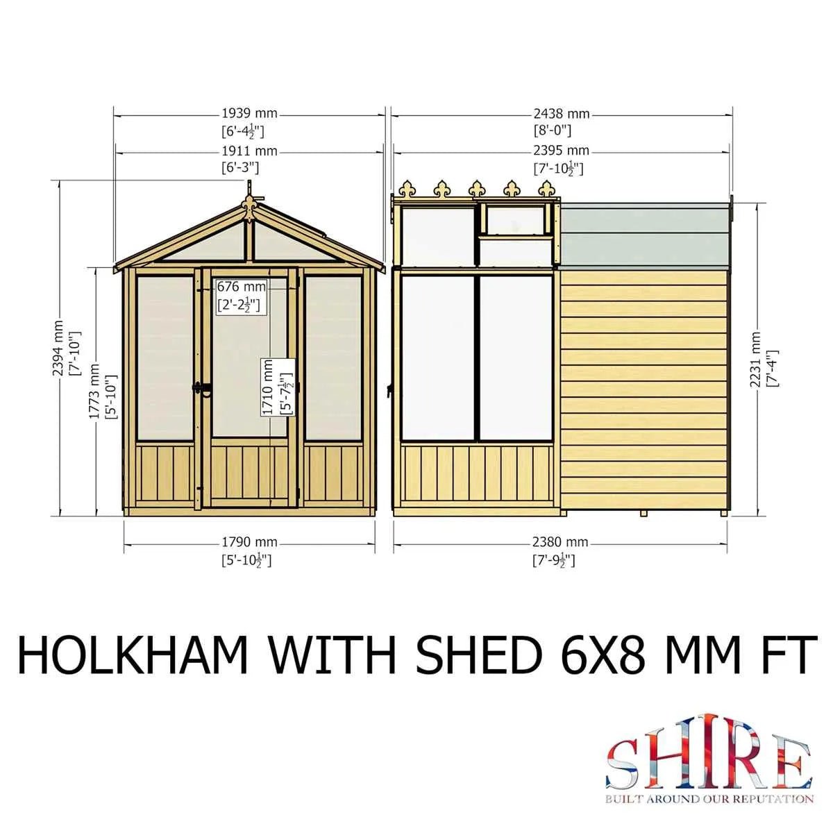 Shire Holkham Glazed Toughened Glass Greenhouse with Shed 6 x 8ft - JJ Building Materials