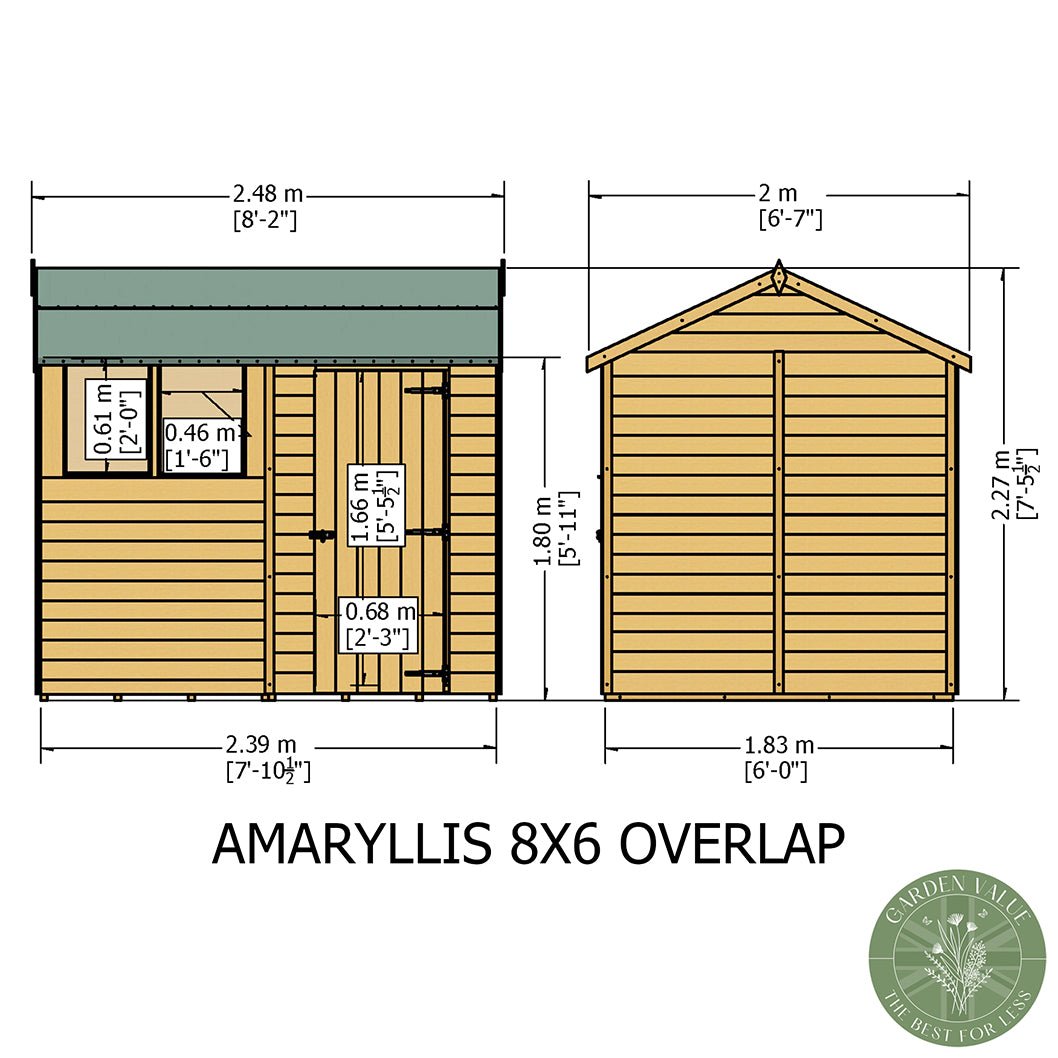 Shire Overlap 8x6ft Single Door Reverse Apex Amaryllis Wooden Shed - JJ Building Materials