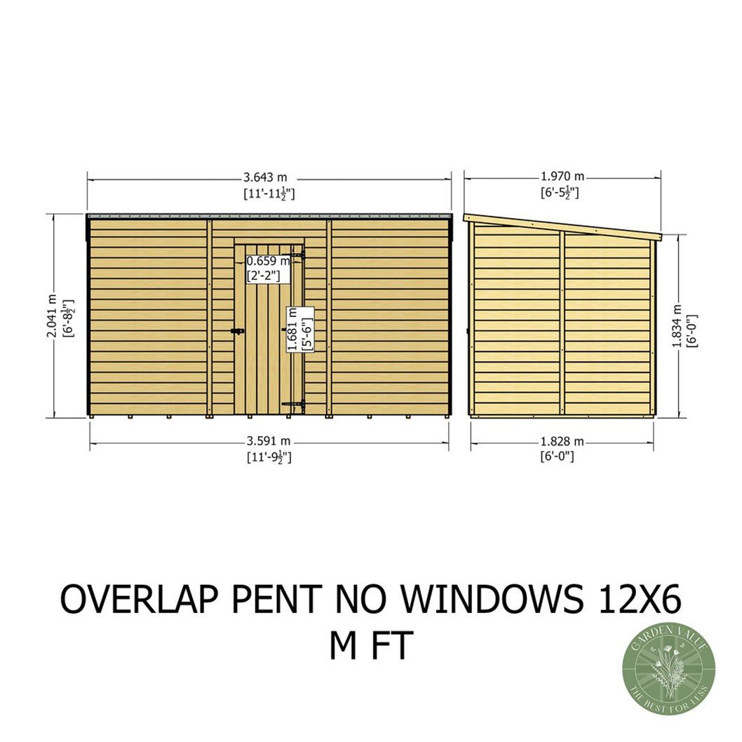 Shire Overlap Pent Single Door 12x6ft No windows Wooden Shed - JJ Building Materials
